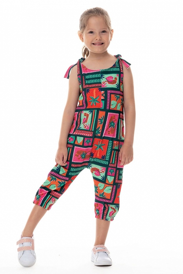 Macacão Infantil Com Bolso Onças Quadros Fundo Verde