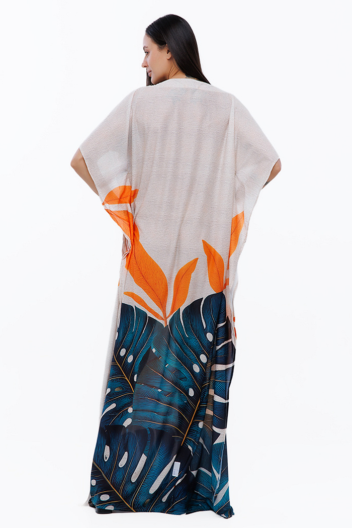 Vestido Feminino Kaftan Hibisco Estampado Tucanos Tela Bordada