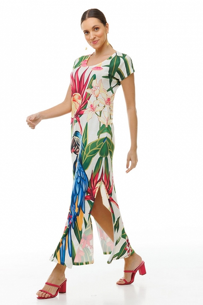 Vestido Longo Jeri Canindé com Flores Pink