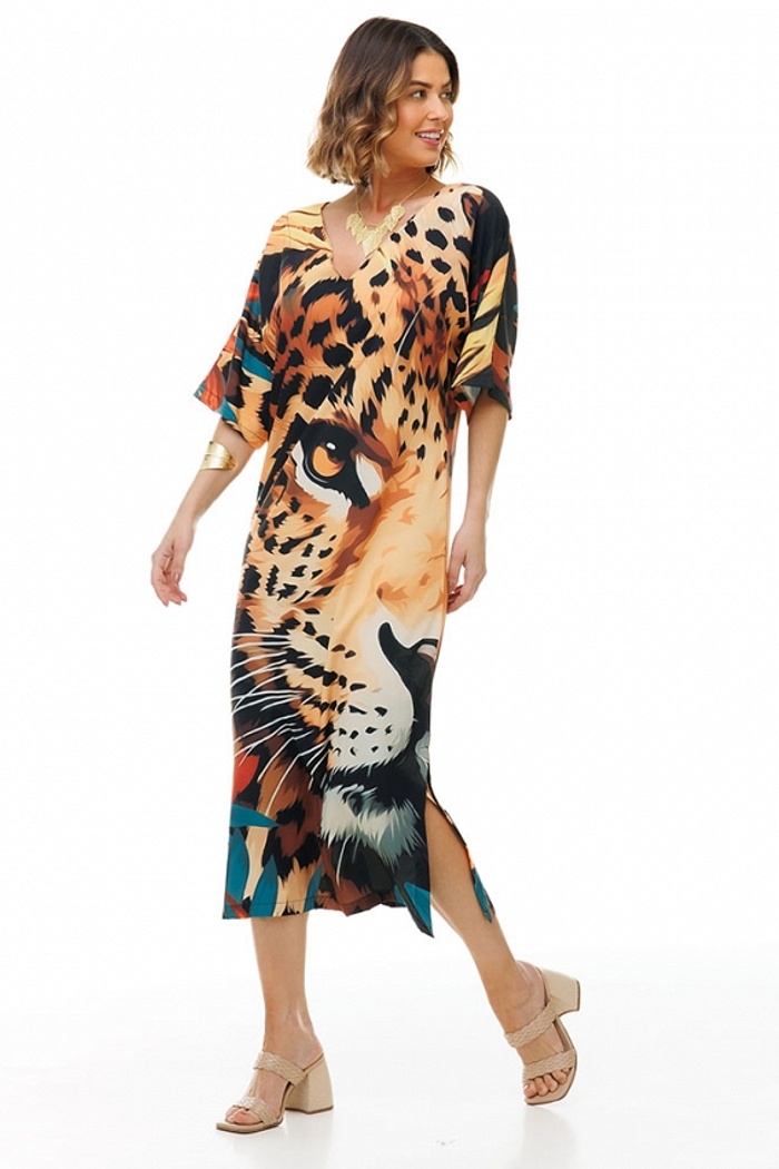 Kaftan Atena Rosto Onça Folhagem Sépia