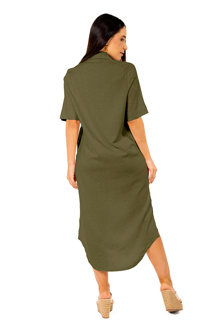 Chemise Vestido Linho Midi  Verde Musgo