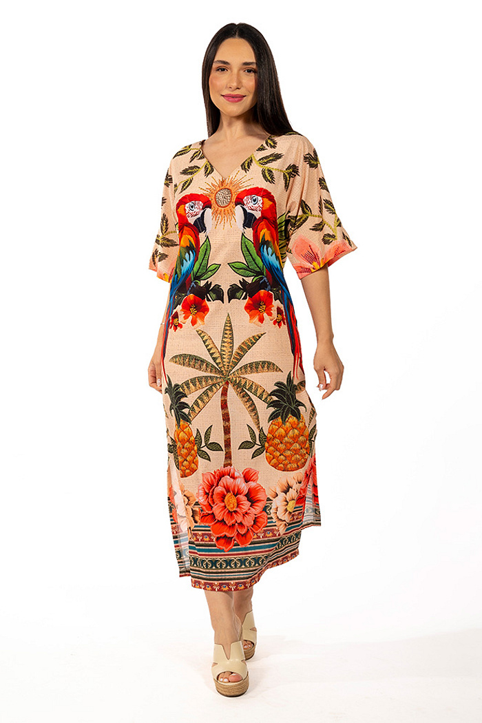 Kaftan Atena Aves Tropicais Barrado