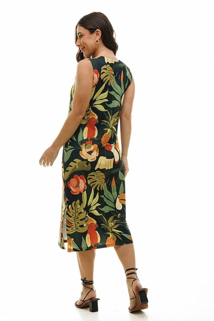 Vestido Estampado Clássico Midi Pássaros Abacaxi