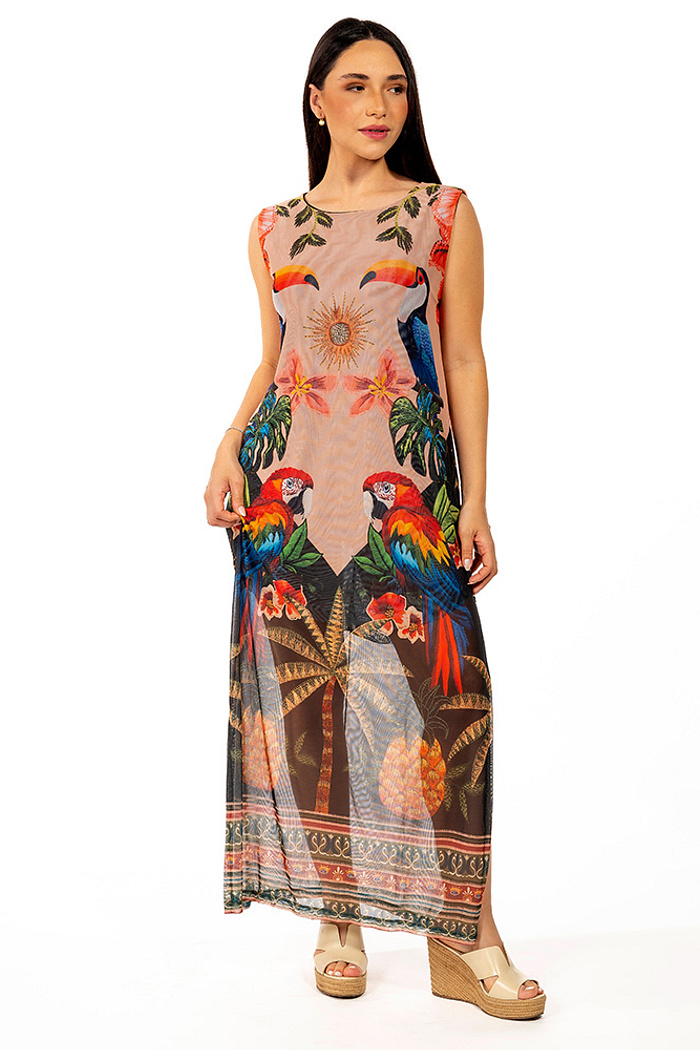 Vestido Estampado Tule Maré Aves Tropicais Barrado