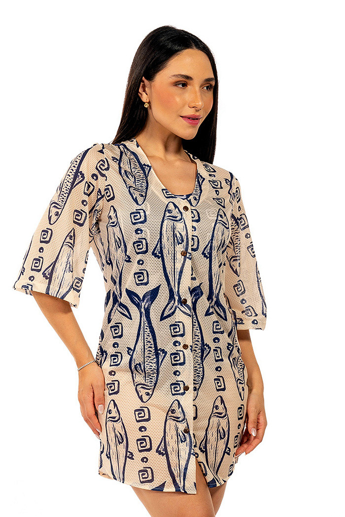 Saída de Praia Chemise Alongada Maxi Peixes Fundo Off