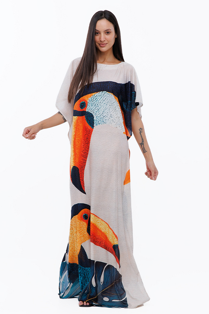Vestido Feminino Kaftan Hibisco Estampado Tucanos Tela Bordada