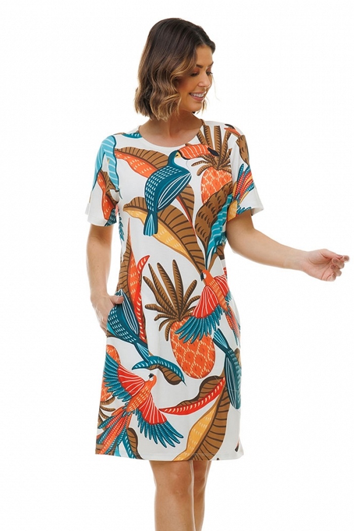 Vestido Floresta Aves e Abacaxi