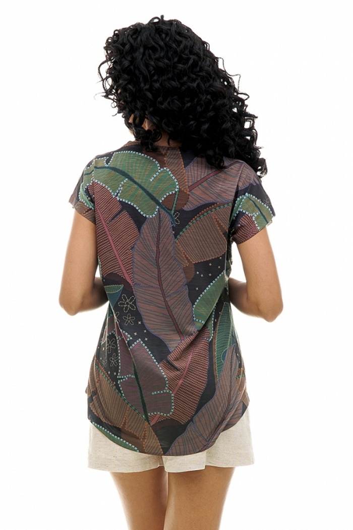 Blusa Jasmim Onça com Folhas Coloridas e Barrado Marrom