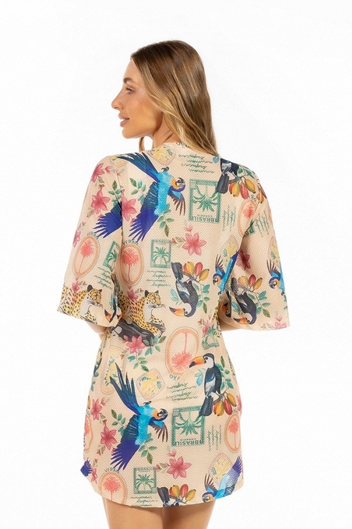 Saída de Praia Chemise Alongada Bichos Flores Verão Postal