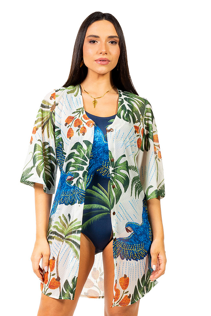 Saída de Praia Chemise Alongada Arara Bordado Barra