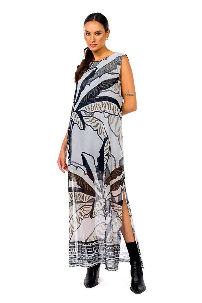 Vestido Estampado Tule Maré Folhagens P&B