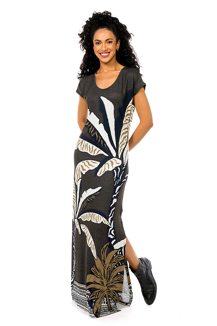 Vestido Longo Jeri Folhagens P&B