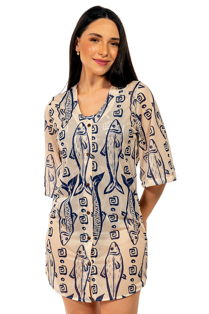 Saída de Praia Chemise Alongada Maxi Peixes Fundo Off