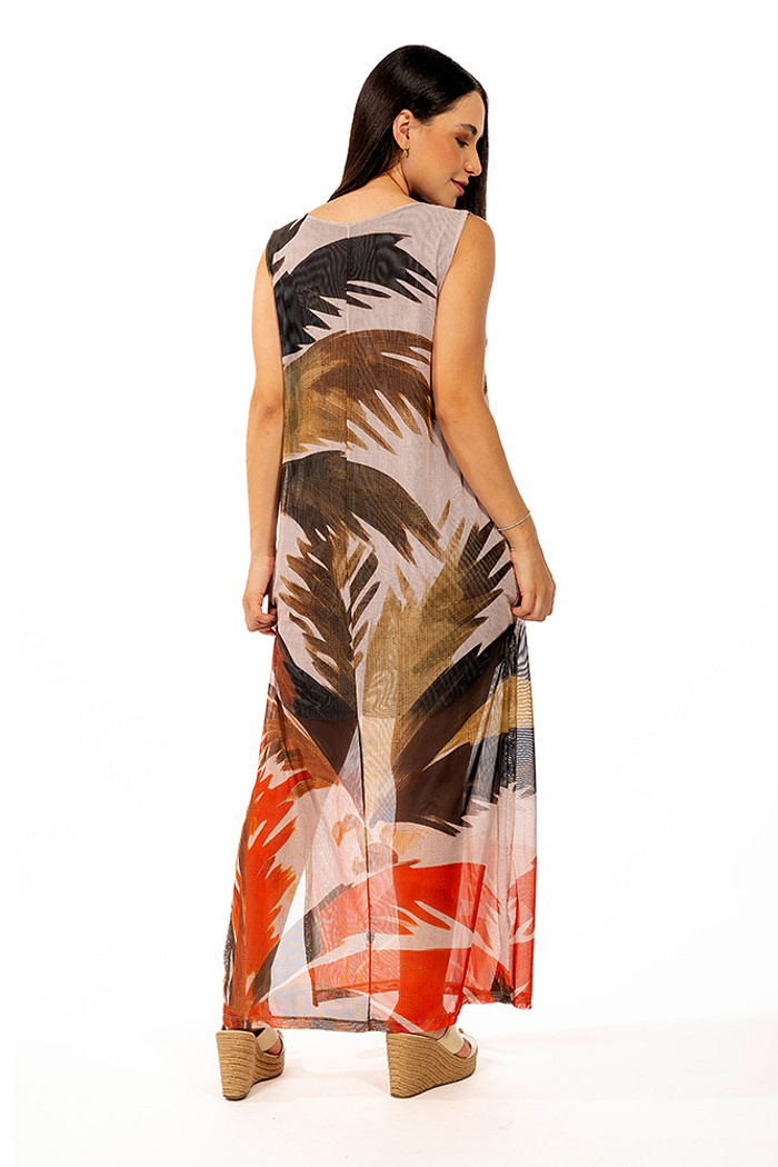 Vestido Estampado Tule Maré Coqueiros Aquarela