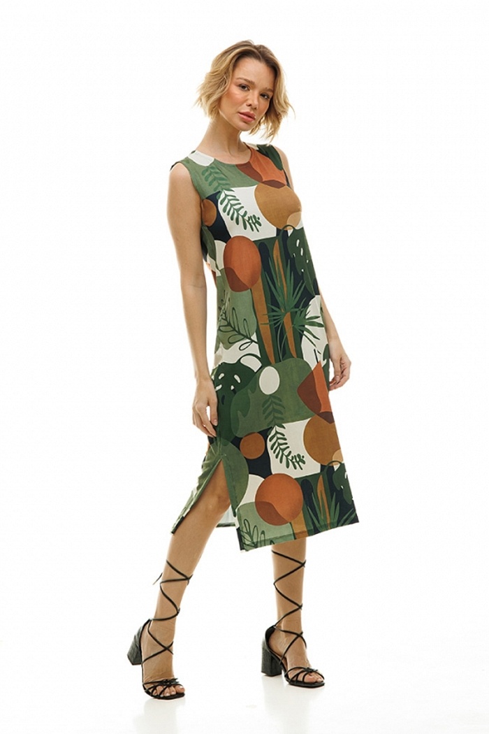 Vestido Estampado Clássico Midi Sol Folhas Abstrato