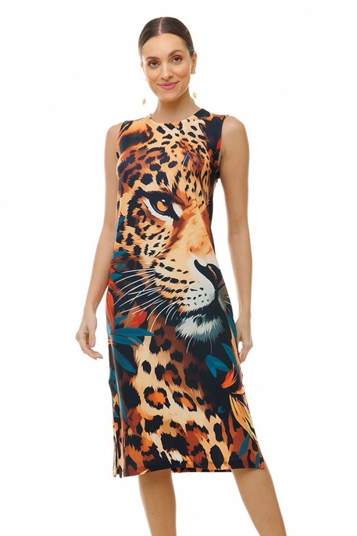 Vestido Estampado Clássico Midi Rosto Onça Folhagem Sépia