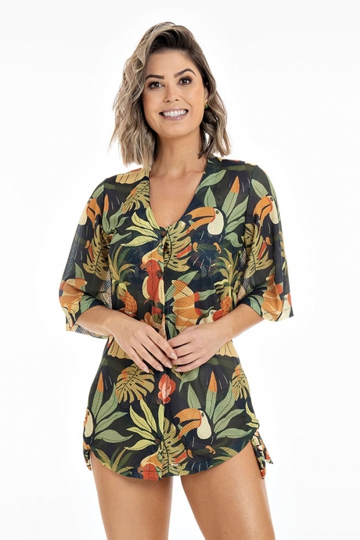 Saída de Praia Curta Chemise Pássaros Abacaxi Fundo Escuro