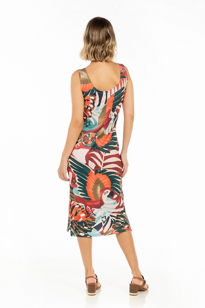 Vestido Canelado Midi Araras Laranjas Fundo Telha