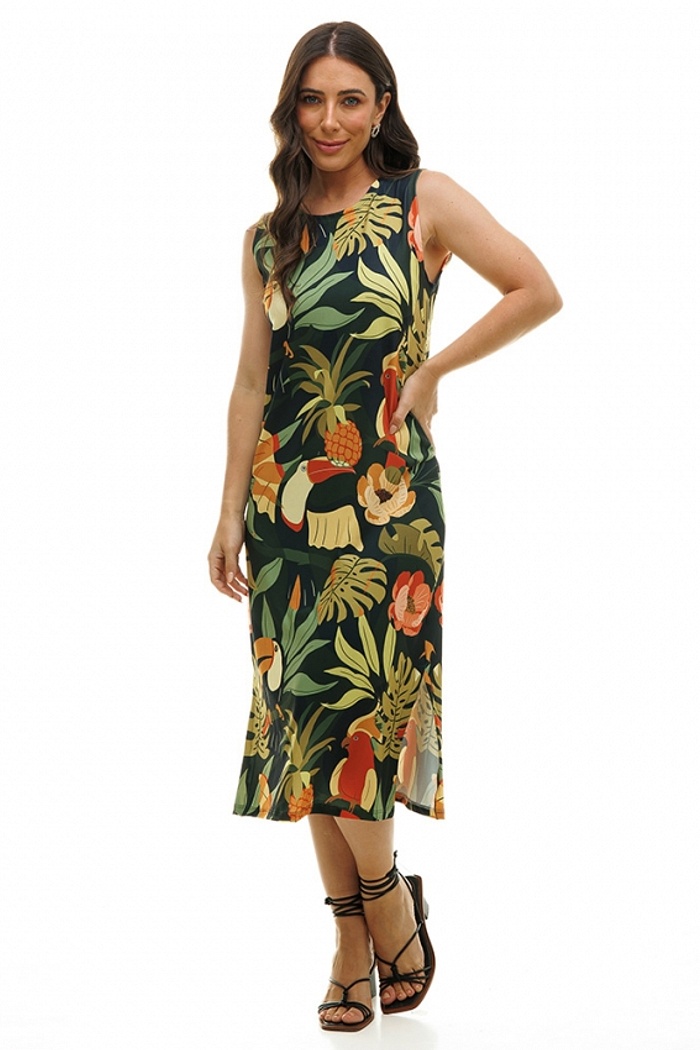 Vestido Estampado Clássico Midi Pássaros Abacaxi