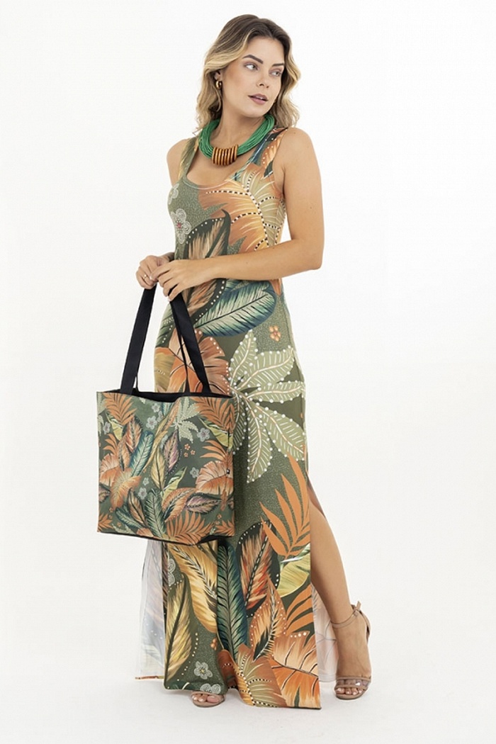 Vestido Hortência Folhagens Laranja, Amarelo e Verde, Flores Pontilhadas, Fundo Verde