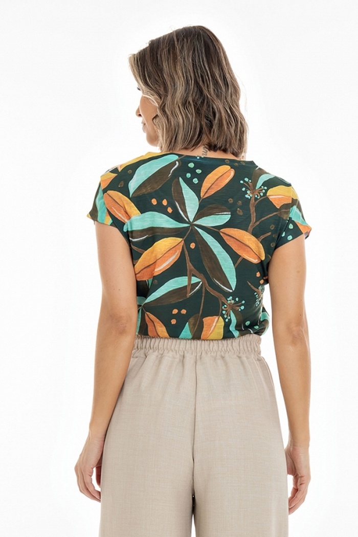 Blusa Jasmim Folhas Turquesa e Laranja