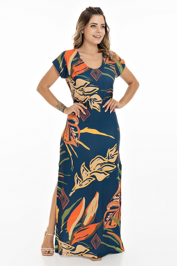 Vestido Longo Jeri Folhas Laranja