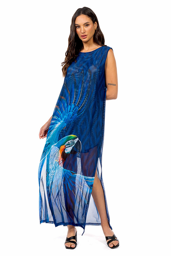 Vestido Estampado Tule Maré Maxi Arara Fundo Azul