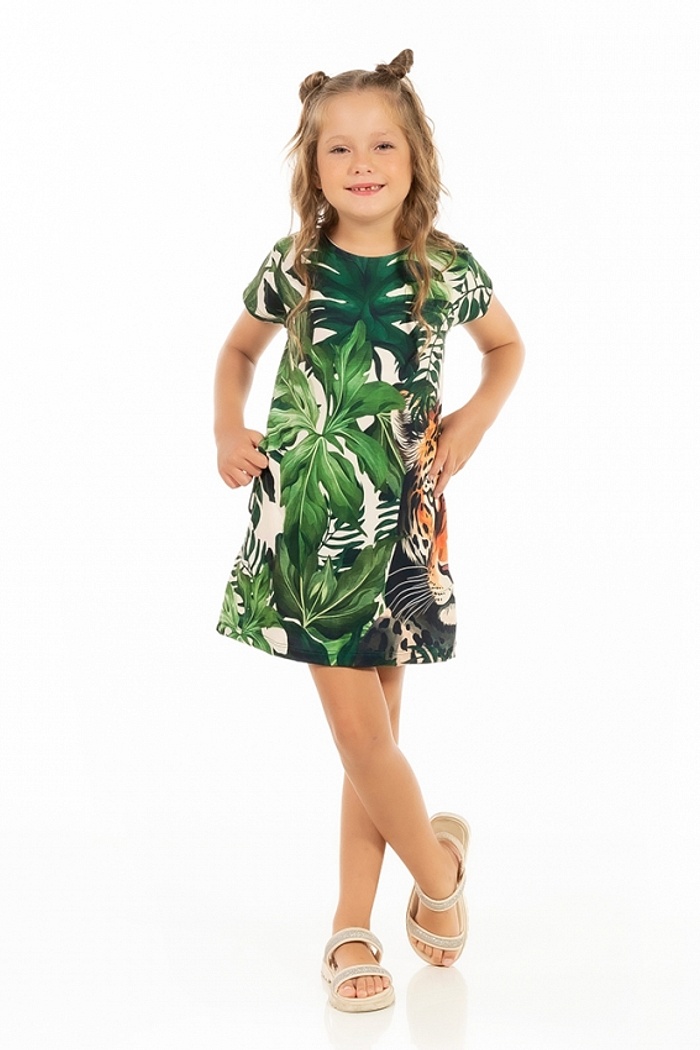 Vestido Floresta Infantil Onça Folhagens Fundo Off