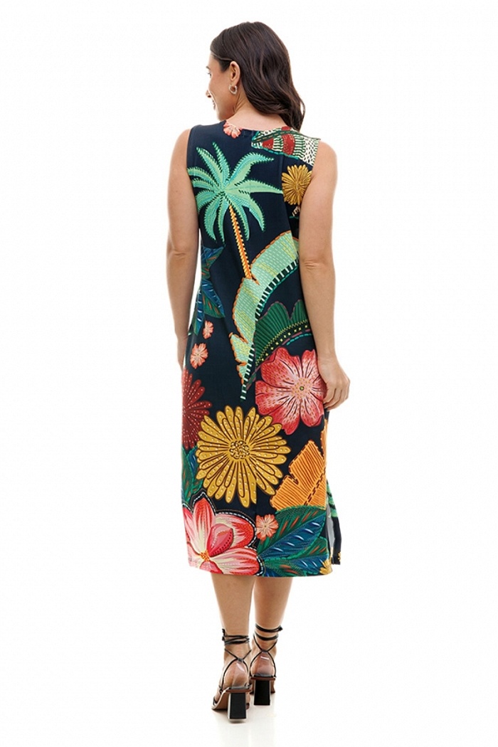 Vestido Estampado Clássico Midi Onça Folhas Tropicais Fundo Escuro
