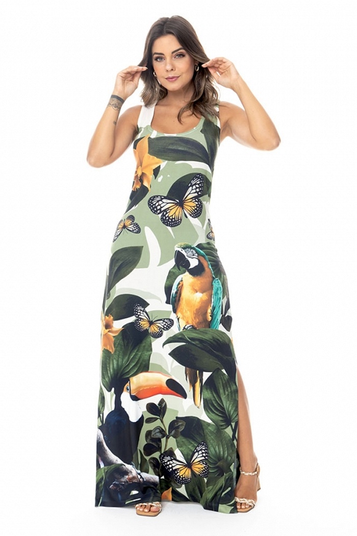 Vestido Hortência Tucano Arara Borboleta Bege