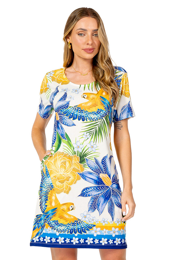 Vestido Floresta Araras Flores Cores Brasil