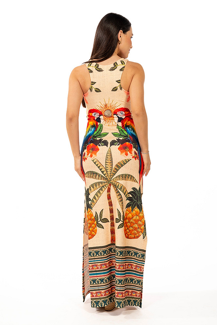 Vestido Hortencia Aves Tropicais Barrado