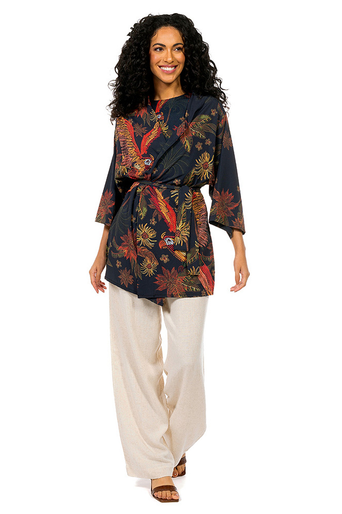 Kimono Raízes Arara Flor Bordado Off