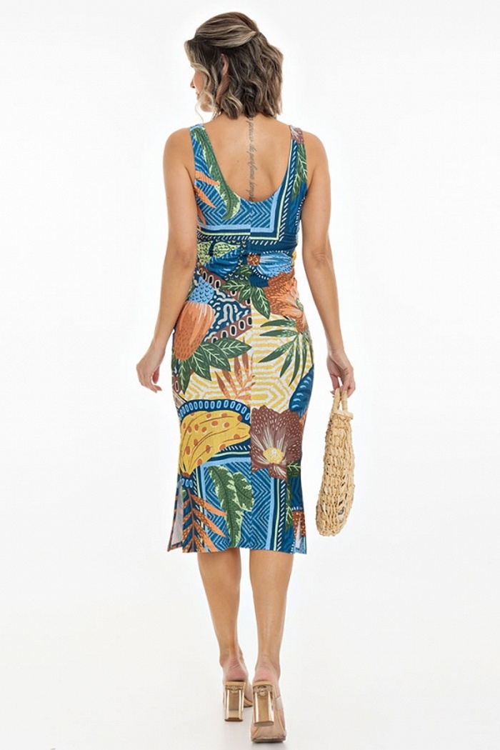 Vestido Canelado Midi Canindé Flores Étnico