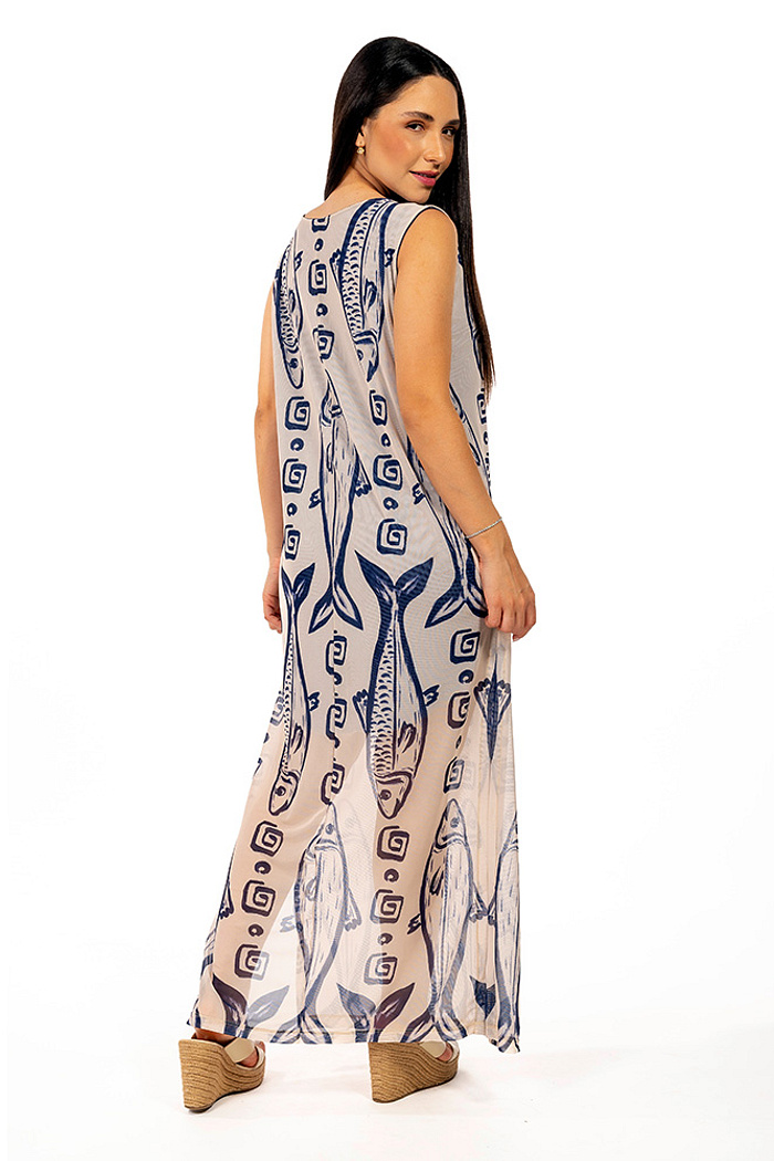 Vestido Estampado Tule Maré Maxi Peixes Fundo Off