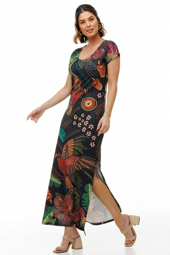 Vestido Longo Jeri Bordados Araras