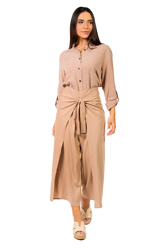 Calça Transpassada Linho Marrom