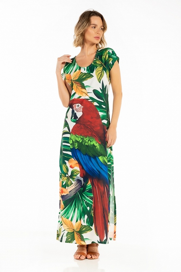 Vestido Longo Jeri Arara Fundo Folhas