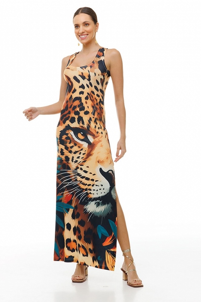 Vestido Hortência Rosto Onça Folhagem Sépia