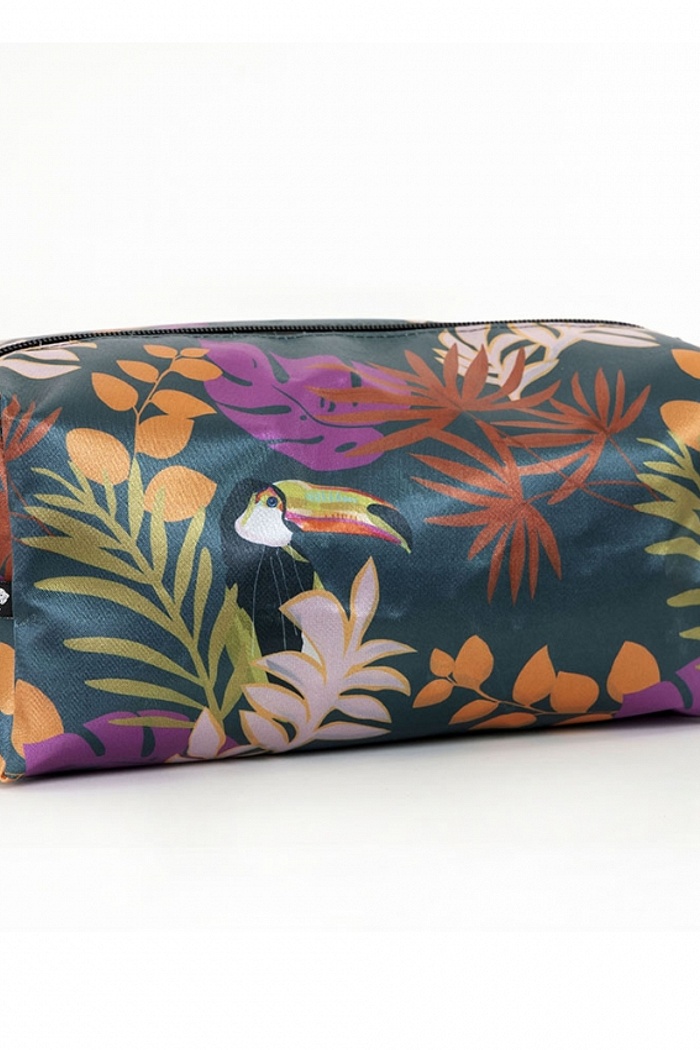 Necessaire Tucanos com Folhagens Coloridas e Fundo Verde Petróleo