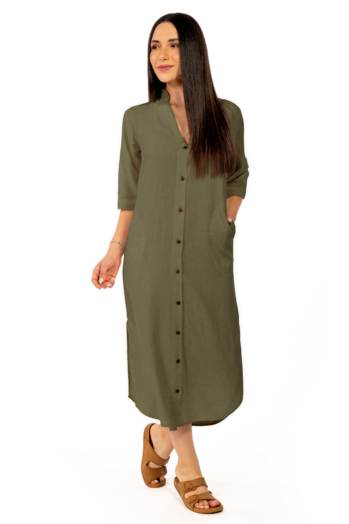 Vestido Chemise Linho Gola Padre Verde Musgo