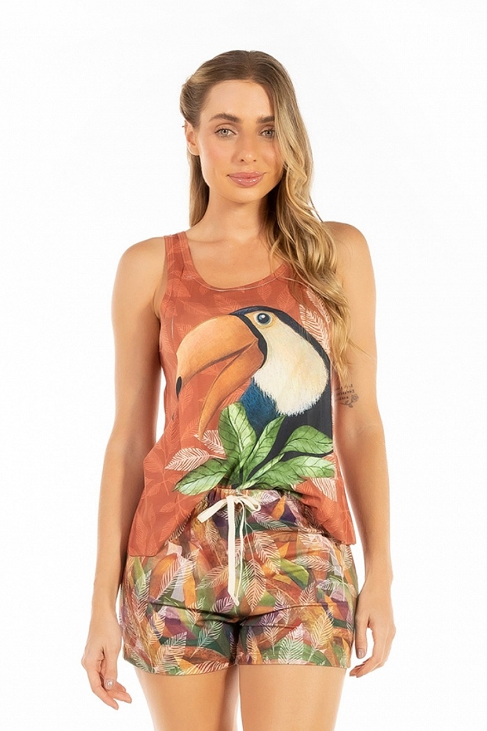 Conjunto Pijama Adulto Feminino Tucano com Fundo Telha