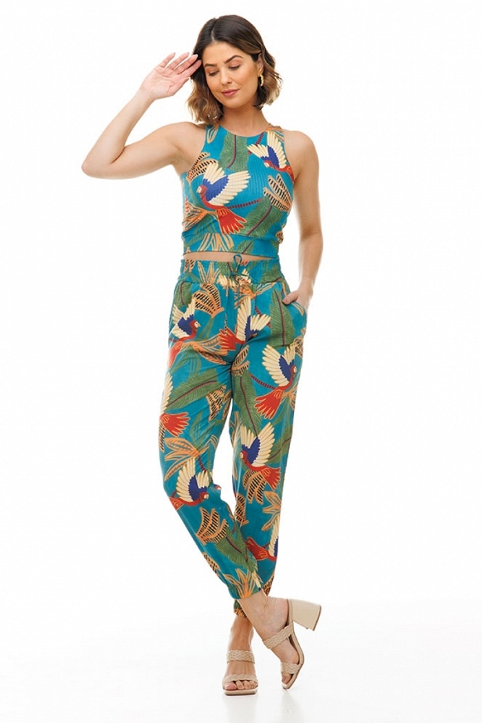 Calça Jogger com Bolso Arara e Banana Fundo Petróleo