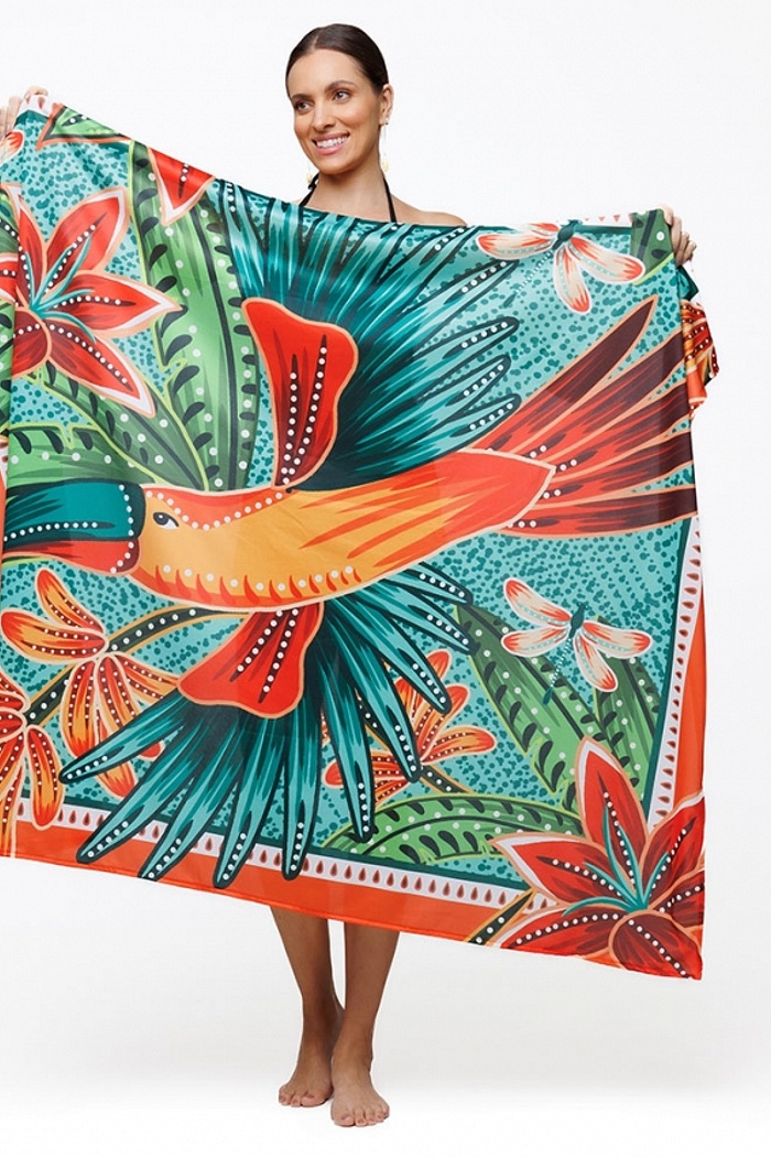 Canga Retangular Aves Color com Fundo Azul Textura