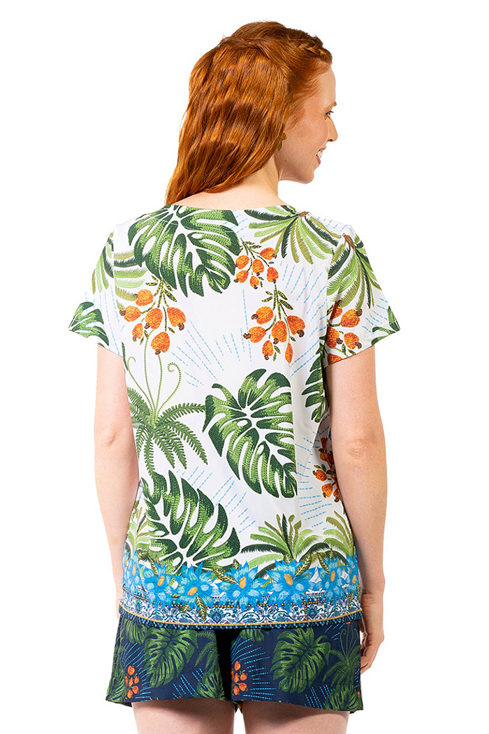 Blusa Atena Arara Bordado Barra Fundo Azul