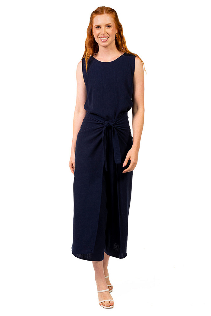 Calça Transpassada Linho Azul