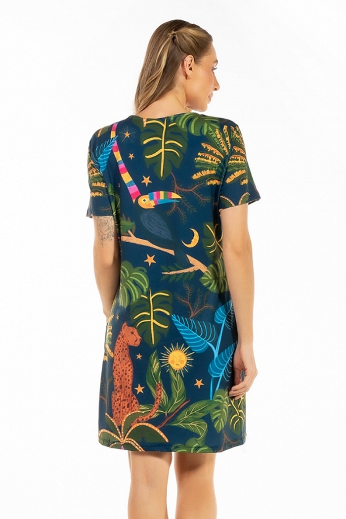 Vestido Floresta Onça, Tucano Folhagens Céu