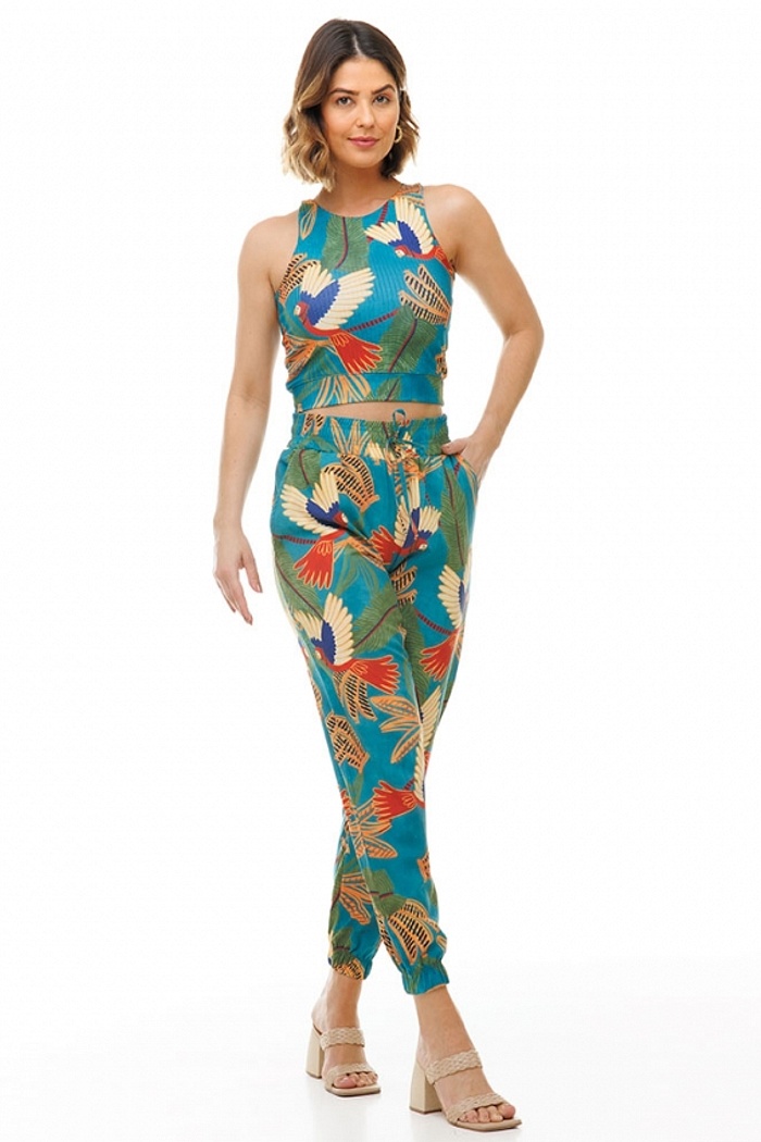 Calça Jogger com Bolso Arara e Banana Fundo Petróleo