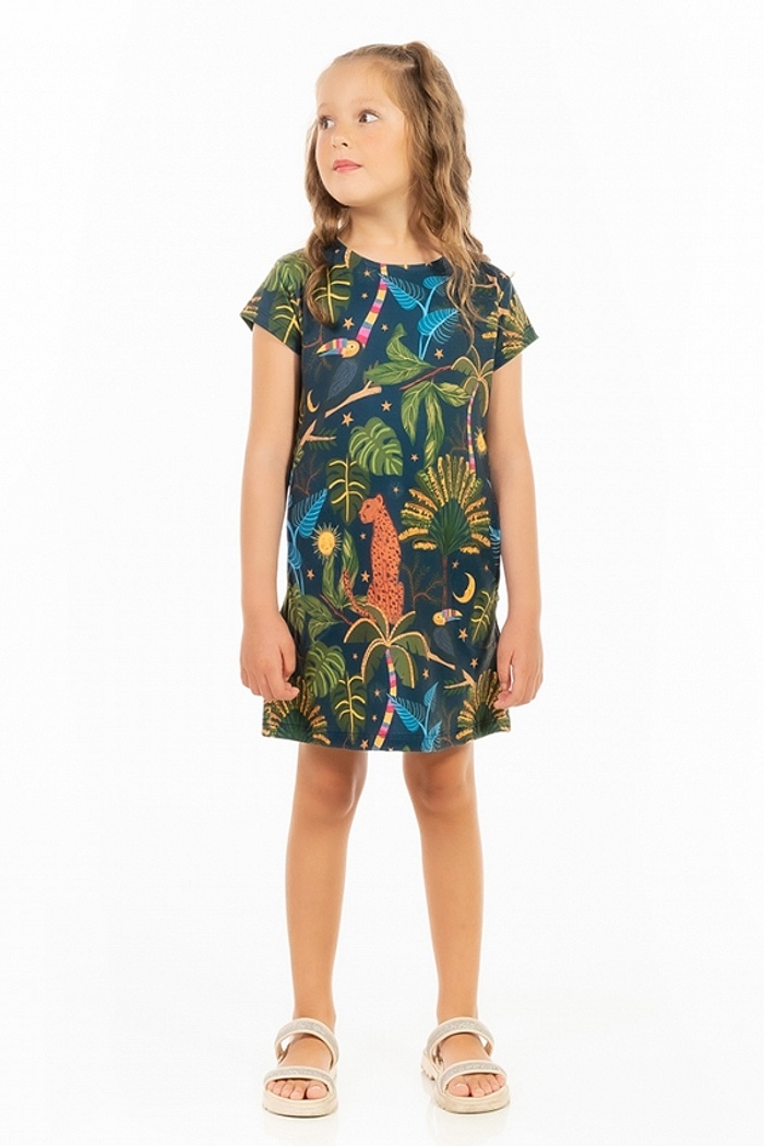 Vestido Floresta Infantil Onça Tucano Folhagens Céu