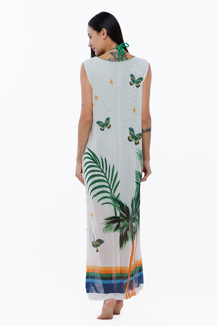 Vestido Feminino Tule Mare Estampado Elementos Br Aquarela